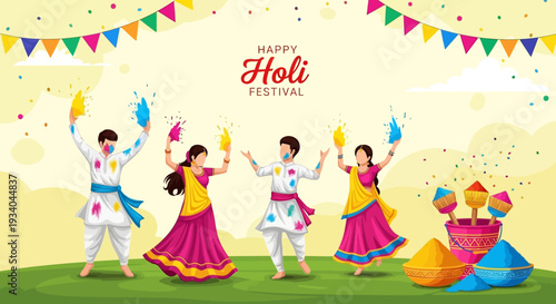 Vibrant Happy Holi Festival Celebration with Indian People Playing Gulal Colors and Traditional Festive Decorations