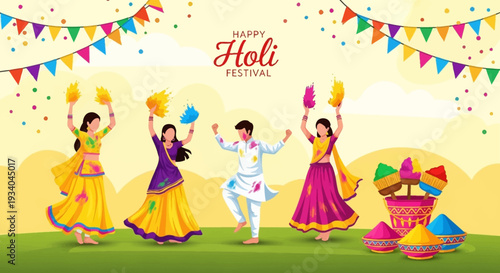 Vibrant Happy Holi Festival Celebration with Indian People Playing Colors & Dancing. Joyful Spring Holiday in India. Vector Art.