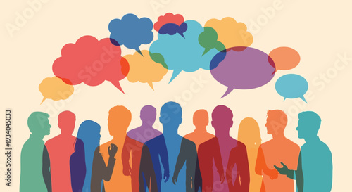Diverse Group Communication: Colorful Silhouettes with Speech Bubbles Representing Dialogue, Social Networking, and Community Engagement.