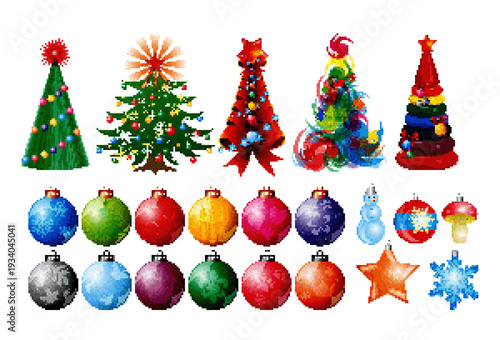 A pixel set of Christmas trees and toys.