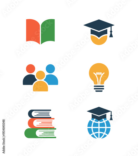 Minimalist flat education set with books graduation caps and people
