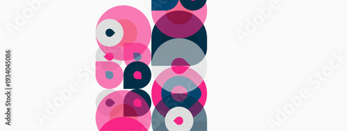 Abstract composition featuring overlapping circles. Pink, purple, gray hues dominate white background. Modern, minimalist design.