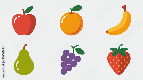 Minimalist flat fruit set with red apple orange banana pear grapes strawberry
