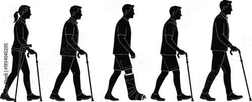 People walking with cane and leg cast silhouette set, injury rehabilitation and disability support vector illustration collection