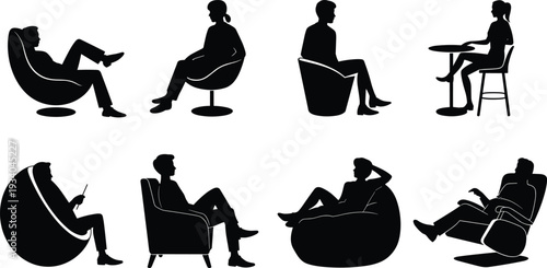 People sitting in modern chairs silhouette vector set, men and women relaxing, reading and talking, contemporary furniture icons, black and white illustration