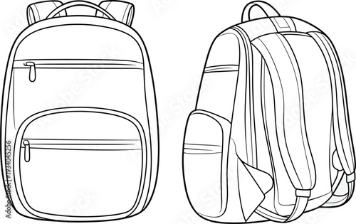 School backpack front and side view outline vector illustration with zipper pockets padded straps student bag mockup template