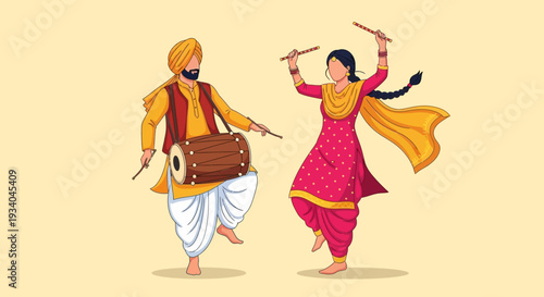 Vibrant Indian Festival Celebration: Man Playing Dhol Drum and Woman Dancing in Traditional Attire. Punjabi Culture Art.