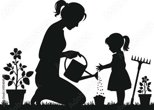 "Silhouette of mother teaching child to water plants and plant seedlings, family gardening activity, nurturing growth, outdoor bonding, eco-friendly gardening vector illustration"