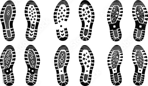 Shoe sole footprint silhouettes set with detailed boot tread patterns, vector illustration isolated on white background for print design