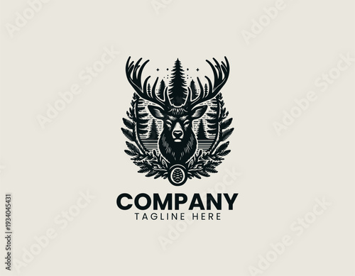 Majestic deer head with pine forest background black vector logo illustration isolated on white background