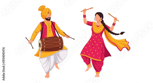 Vibrant Bhangra & Giddha Dance: Traditional Punjabi Couple Celebrating with Dhol Drum