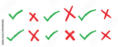 Green Check Mark and Red Cross icon set, Hand drawn checkmark illustration. Symbols of approval, Rejection, Decision Making, and Correctness vs Incorrectness on White Background