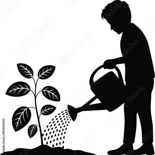 "Silhouette of person watering a young plant with watering can, nurturing growth and sustainability, gardening, eco-friendly concept, simple vector illustration"