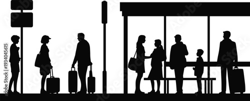 "Silhouettes of people waiting at a bus stop and standing with luggage, commuters and families, public transit scene, travel, urban transportation, waiting area vector art"