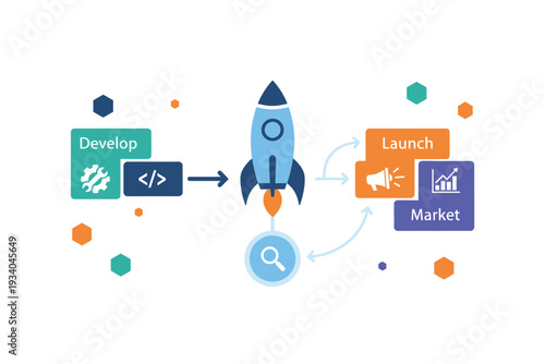 Rocket Launch Infographic in Flat Design with Bright Colors and Modern Icons for Business Presentation