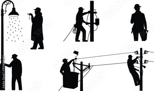Silhouettes of utility and maintenance workers performing pole work, bucket truck operation, streetlight repair, climbing power poles, and electrical line maintenance, vector set