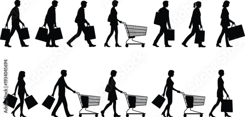 "Silhouettes of shoppers walking with shopping bags and pushing shopping carts, men and women carrying purchases, retail activity, mall and grocery shopping vector set"