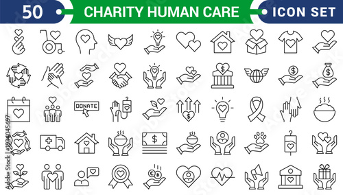 Charity human care icon set.Charity,giving, donate money outline icons pack. Line signs volunteering and giving, support donation or friendly handshake. 