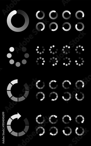 Minimalist mega collection of various circular loading buffering icon sets for digital UI UX dark mode interface design.