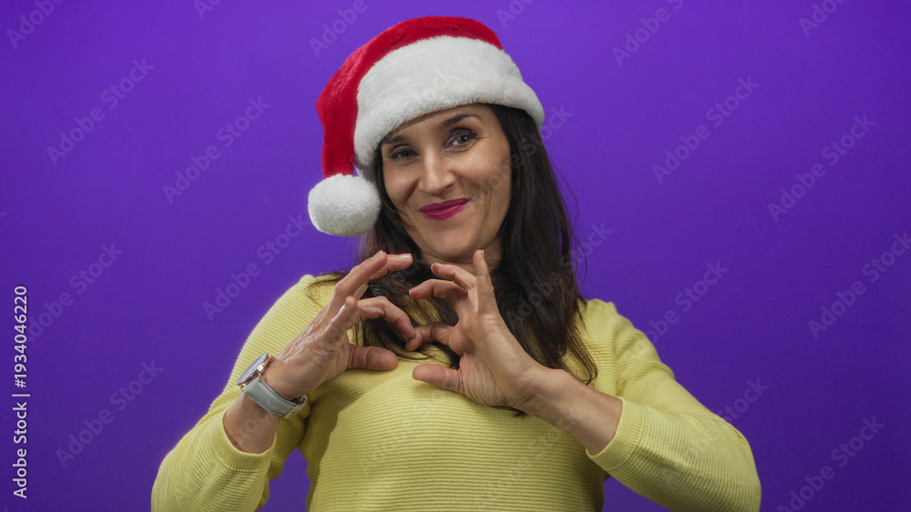 Fototapeta premium Woman in santa hat smiling over isolated purple background making heart gesture representing holiday spirit and festive joy with yellow sweater.
