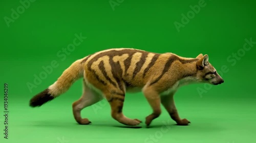 listing a small wild mammal walking across a green backdrop