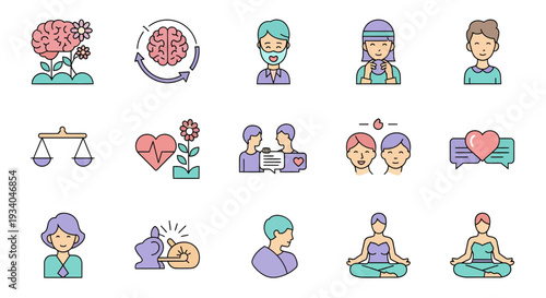 Mental health and psychology icon set, psychotherapy and emotional support flat line vector illustrations for counseling, mindfulness and wellness