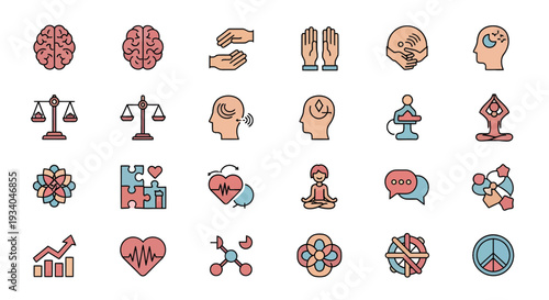 Mental health and psychology line icons set, wellness and emotional balance symbols