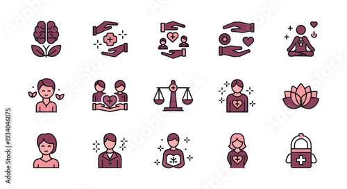 Mental Health and Wellness Icon Set for Psychology and Self Care Concept