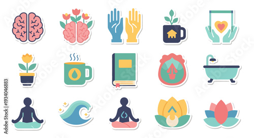 Mental health and self-care icon set, wellness and mindfulness flat vector stickers for emotional balance and therapy