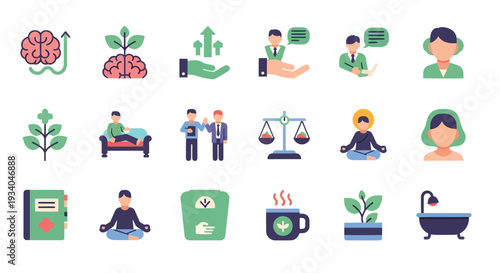 Mental Health and Wellness Icon Set for Self Care and Psychology Concept