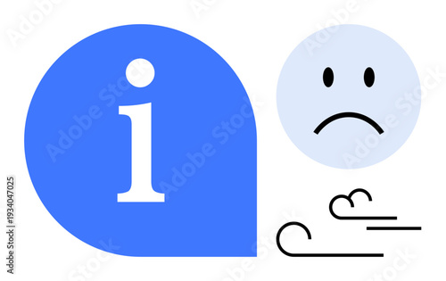 Communication issues. Sad emotion paired with information symbol and wind icon highlight communication issues in personal or business contexts. Communication challenges, clarity, user experience