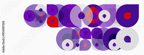 Abstract circles overlap, creating vibrant patterns. Purple, red, lilac hues dominate composition. Minimalist design evokes modern aesthetic.