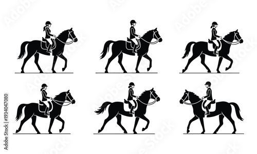 Female Equestrian Riders on Horses Silhouettes Icon Set