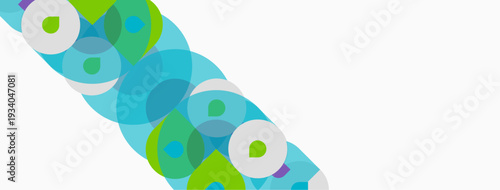 Abstract circles overlap, creating vibrant diagonal pattern. Green, blue hues dominate white background. Simple, modern design.