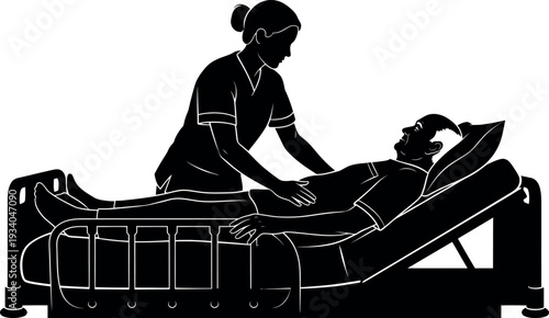 Nurse or Caregiver Assisting Elderly Patient in Hospital Bed Silhouette; Geriatric Care and Nursing Assistance Illustration