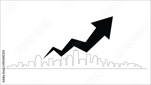 Black arrow graph rising above city skyline Keywords: graph, arrow, rising, up, growth, increase