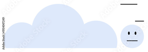 Weather patterns, digital communication, expression analysis, cloud computing, minimal symbolism, data storage. A light blue cloud with a neutral face and horizontal lines. Weather patterns and cloud
