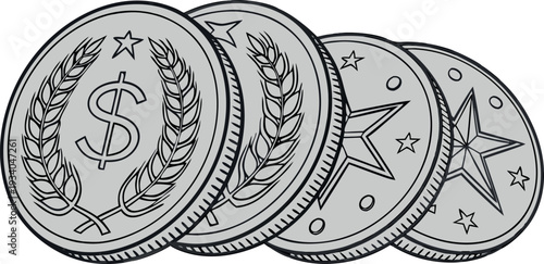 Hand Drawn Set of Silver Coins with Dollar Sign, Stars, and Wheat Wreath Symbols