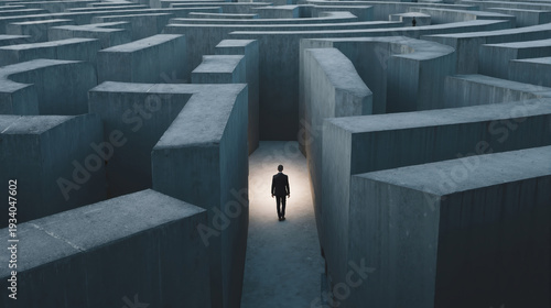 Lost man navigating maze symbolizing uncertainty and decision-making challenges, person in surreal labyrinth
