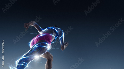 Fotografie Futuristic composition female sprinter surrounded by glowing biomechanical light effects in motion