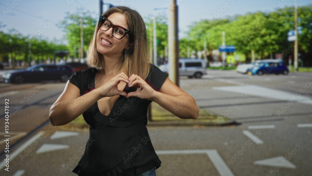 Fototapeta premium Woman with glasses and black top forming a heart with both hands and pointing a finger toward viewer at a tree lined urban street intersection with cars and crosswalk; affection joy.