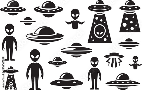 Black and white of aliens and flying saucers UFOs space
