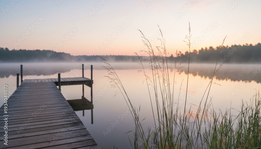 Obraz premium Image shows a wooden dock extending into a calm lake at dawn, under foggy sky, representing tranquility and escape to nature, ideal for peace concepts