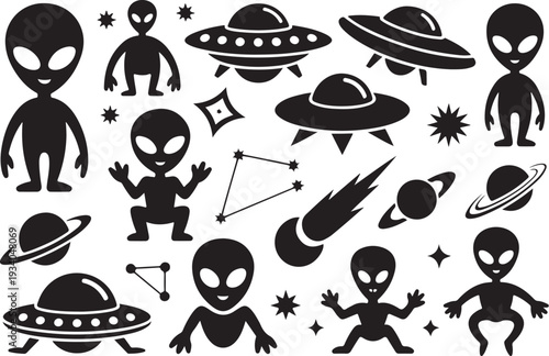 Black and white of aliens and space UFOs spaceships
