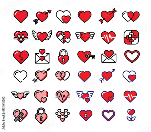 Valentine Heart Icons with Outline and Fill Variations