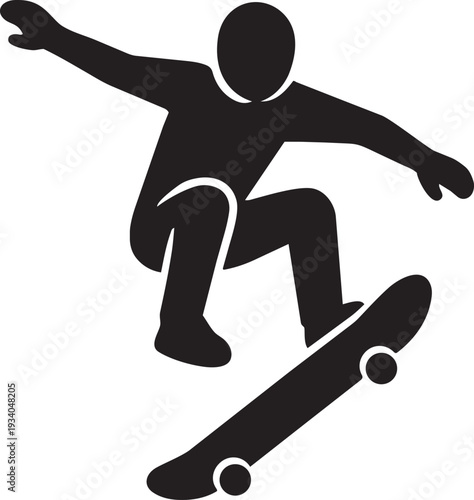 Active person performing jumping trick on skateboard extreme urban sports silhouette icon graphic vector design element