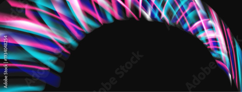 Abstract light streaks form curved shape. Vivid pinks, blues create dynamic visual effect against black background. Modern design element.