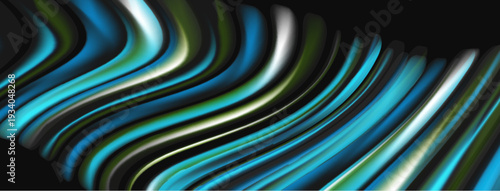 Abstract flowing lines create dynamic visual texture. Blues, greens, whites contrast against dark background. Modern design element.