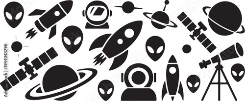 Black and white space including rockets planets aliens