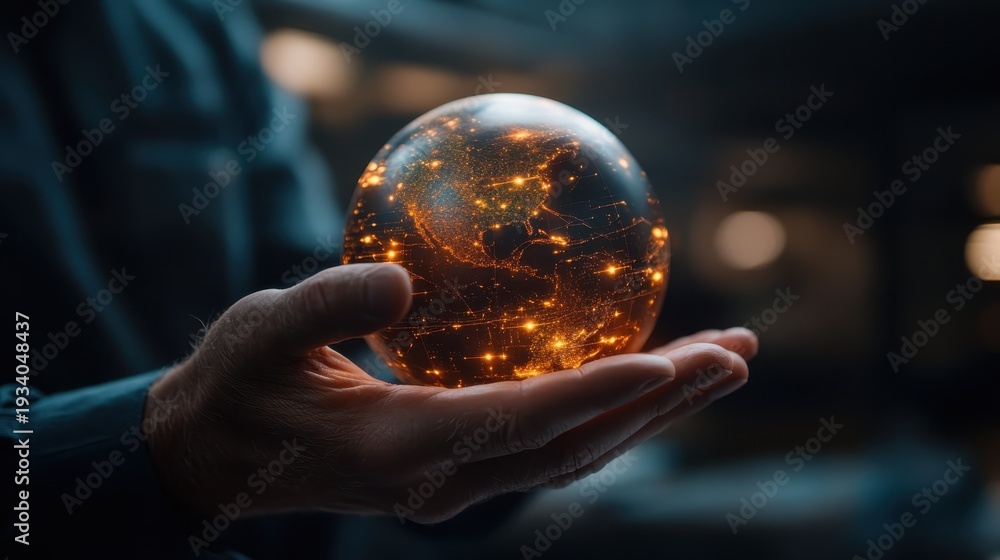 Fototapeta premium A figure grasps a luminescent globe, symbolizing global connectivity, technology, and the digital age, as vibrant lines represent communication networks and interconnectivity.